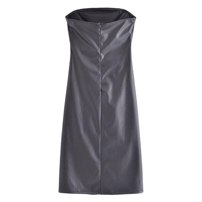 TRAF drawstring faux leather dress in dark gray with a sleek design and modern silhouette