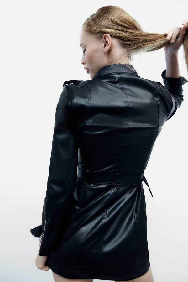 Faux Leather Blazer Dress with Belted Style