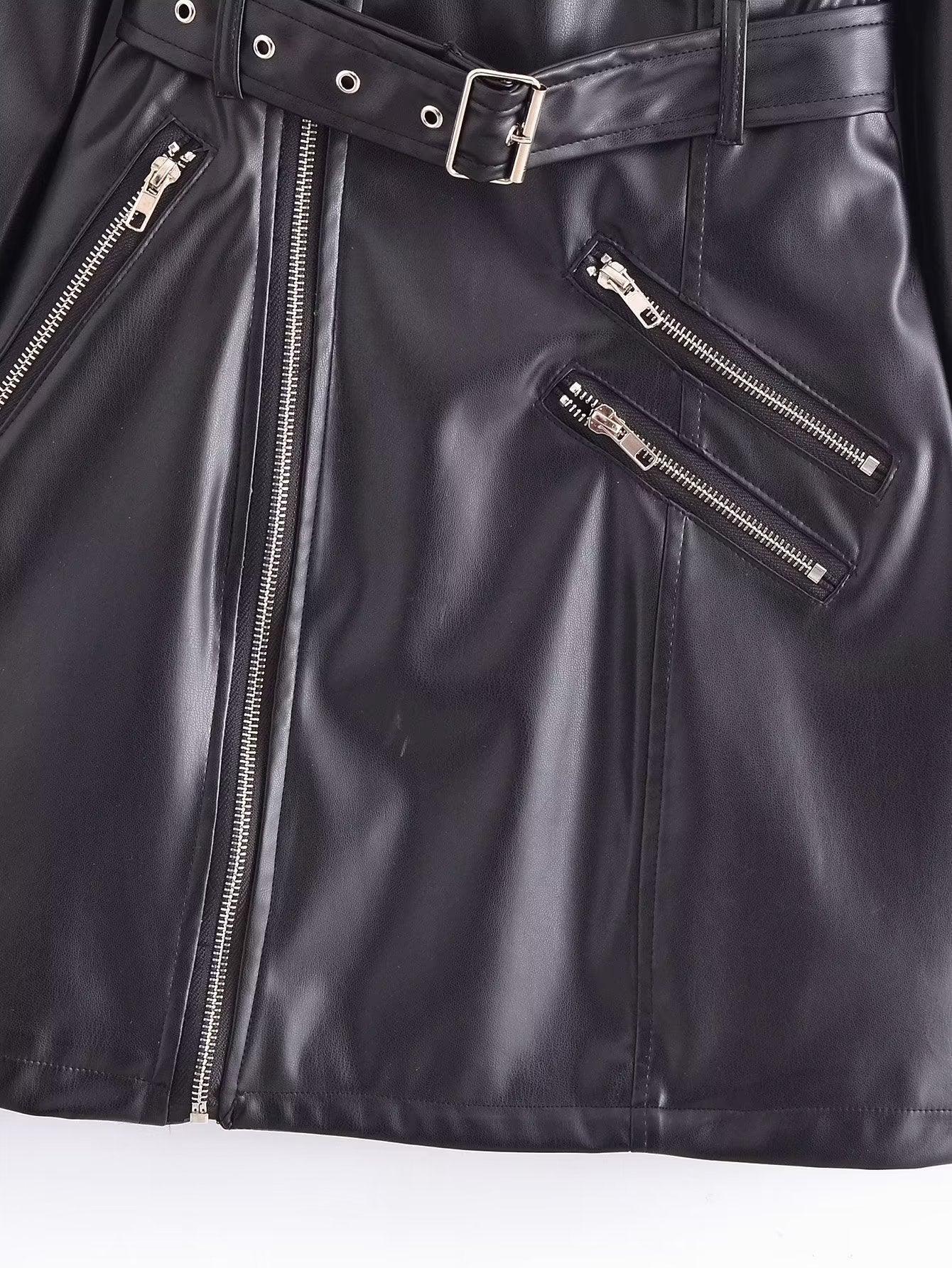 TRAF faux leather blazer dress featuring stylish zip pockets and a belted waist for a trendy look
