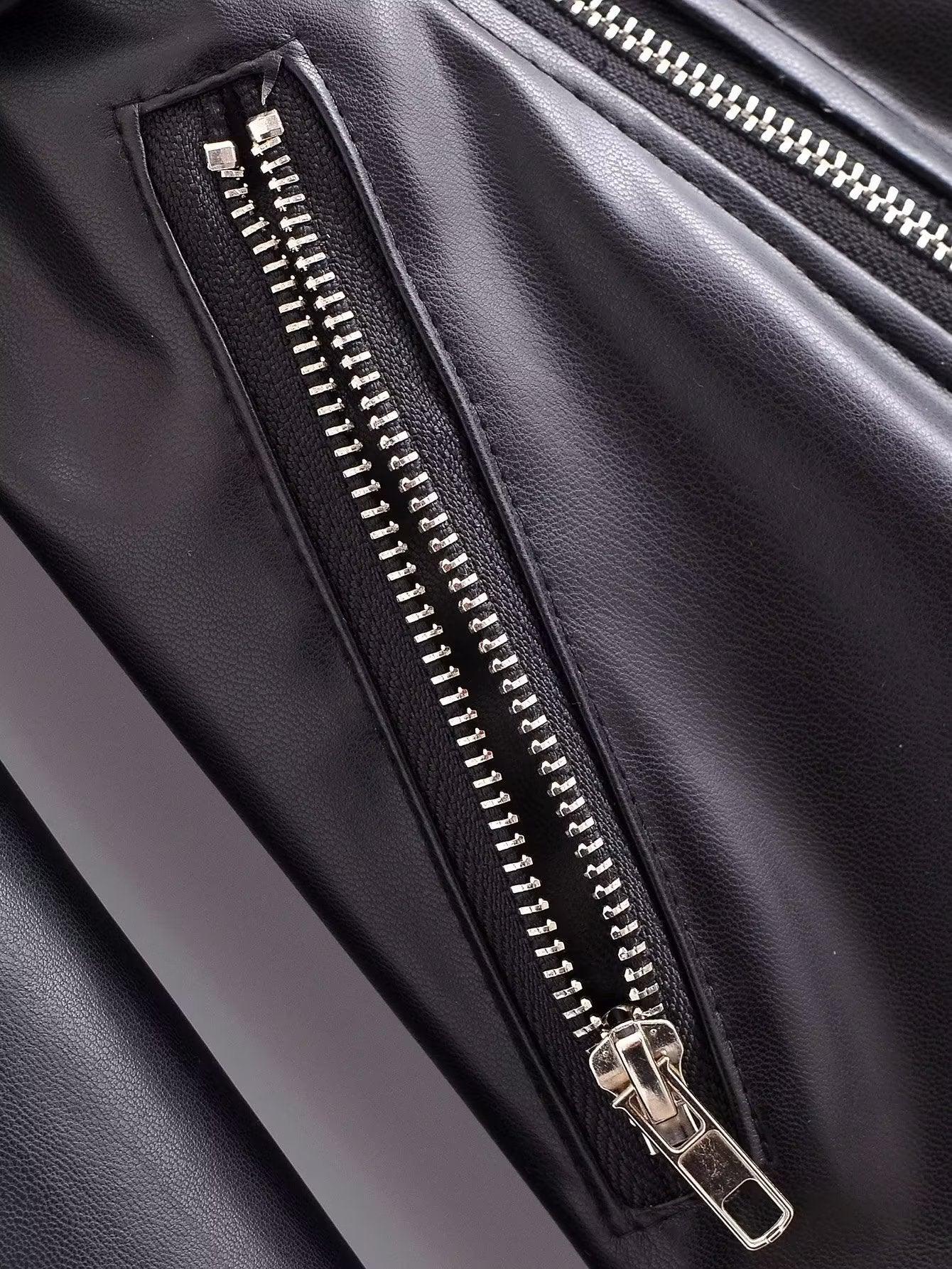 Close-up of TRAF faux leather blazer dress featuring stylish silver zipper details