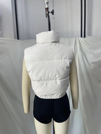 TRAF Faux Leather Body Warmer in White with a Stylish Cropped Design and High Neck