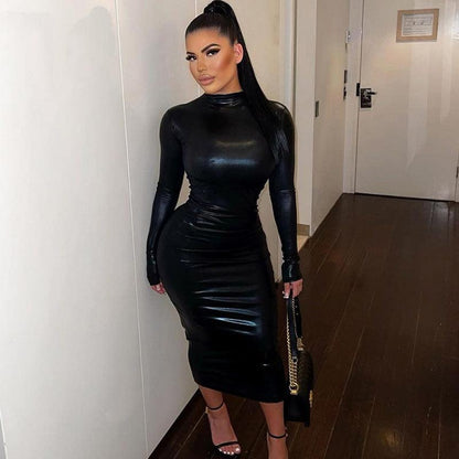 SAFENA faux leather evening dress in sleek black, featuring long sleeves and a bodycon fit