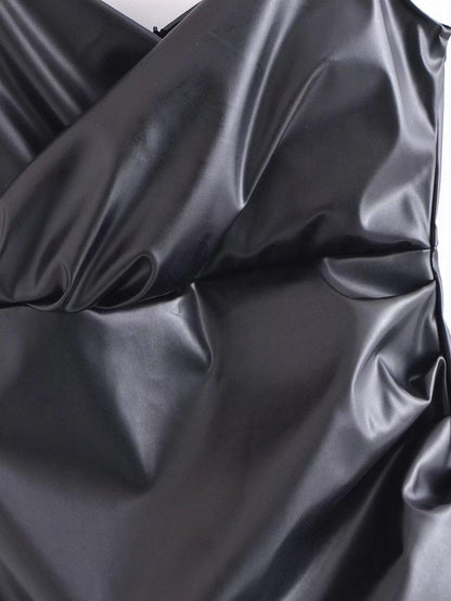Close-up of a sleek black faux leather evening dress showcasing its smooth texture and elegant design