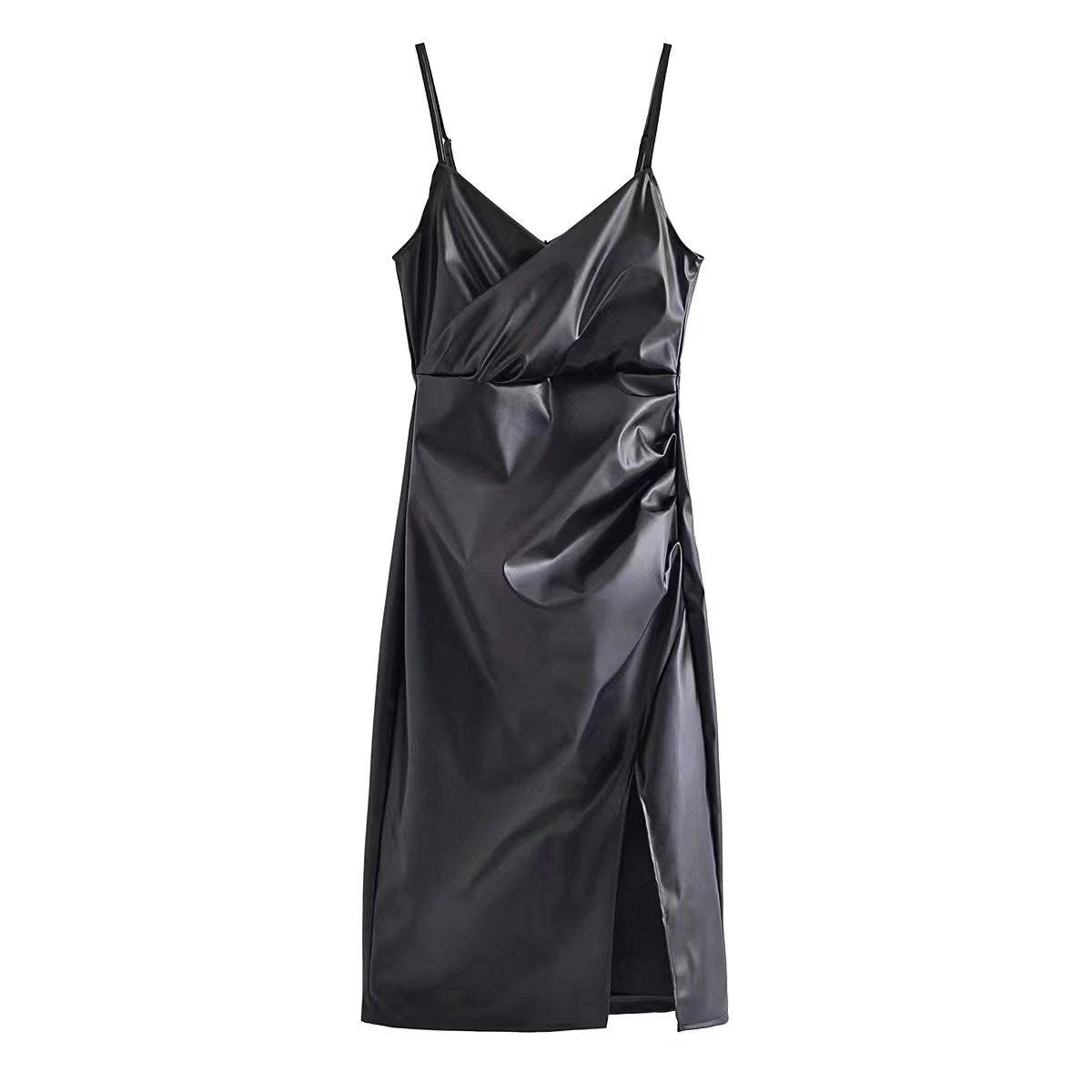 Stylish TRAF faux leather evening dress with adjustable straps and elegant side slit