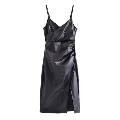 Stylish TRAF faux leather evening dress with adjustable straps and elegant side slit