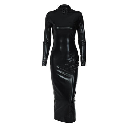 SAFENA faux leather evening dress in black with long sleeves and a sleek fit