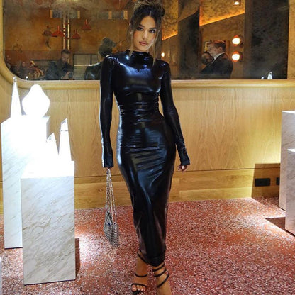 Chic SAFENA faux leather evening dress with a sleek design and long sleeves perfect for formal occasions