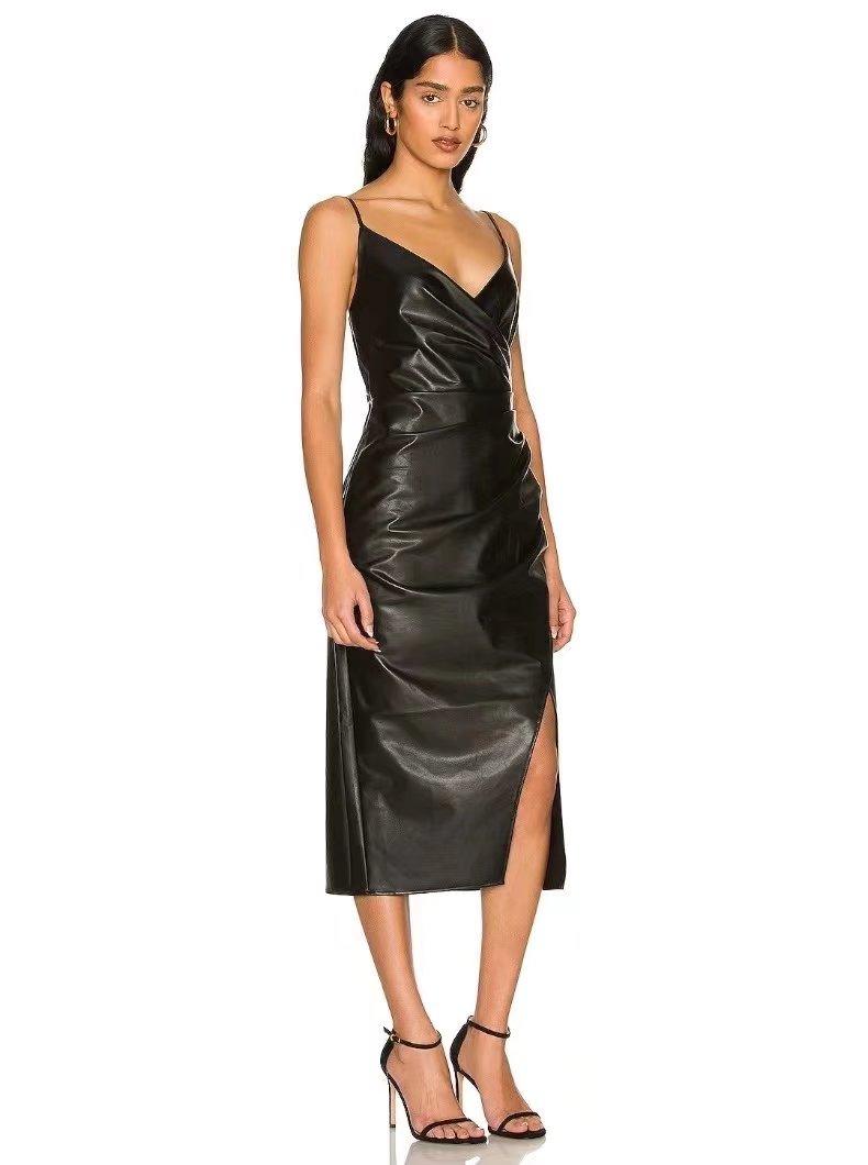 TRAF faux leather evening dress in black with a sleek design and slit for stylish events