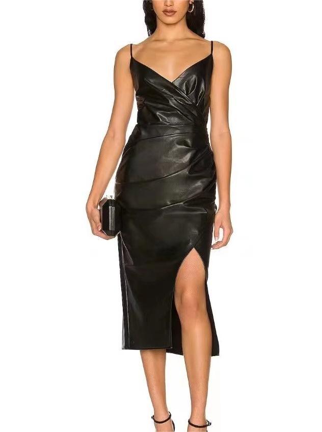 TRAF faux leather evening dress with a sleek design and high slit for a stylish night out