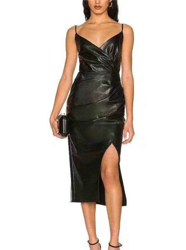 Faux Leather Evening Dress with Side Slit