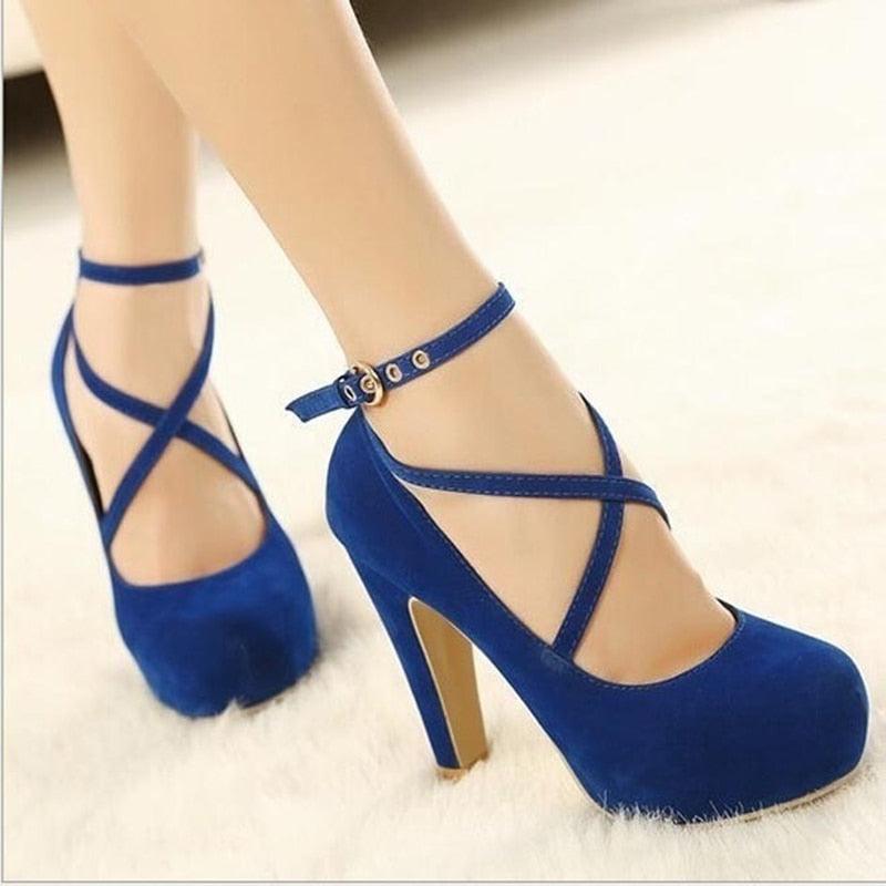 SaturdayNight Faux Suede Platform Pumps in Blue with Cross Straps and High Heels
