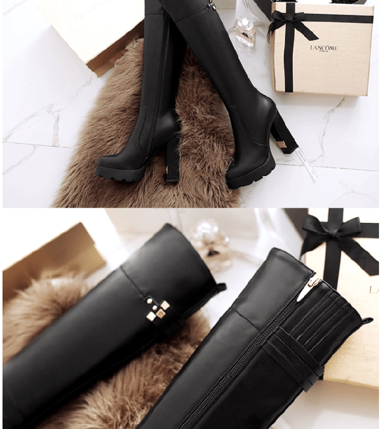 High-heeled Knee High Martin Boots With Solid Side Zip And Rubber Sole - Your Shiny Clothes