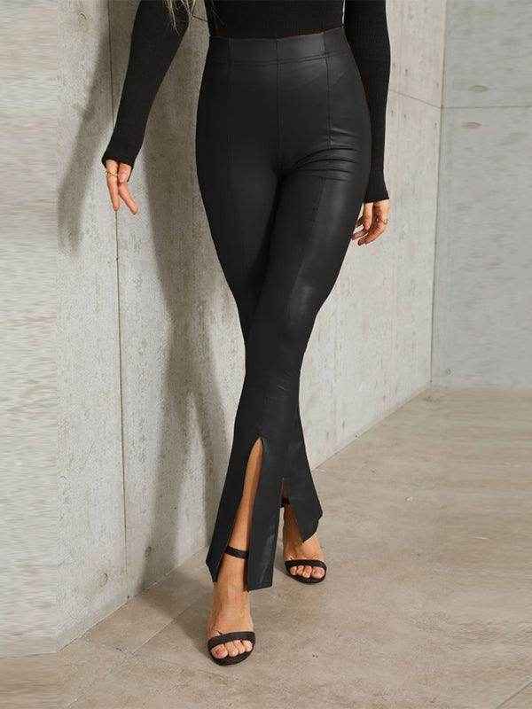 High Rise Faux Leather Pants with Slit - Your Shiny Clothes