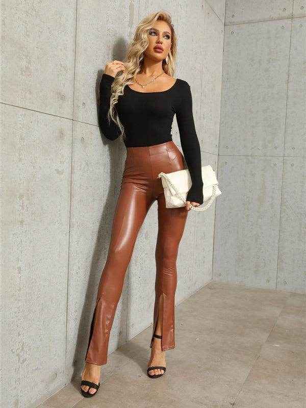 High Rise Faux Leather Pants with Slit - Your Shiny Clothes