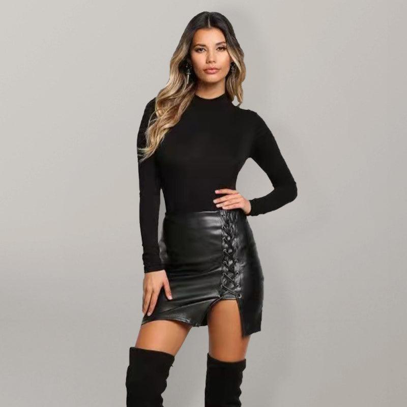 Lace Up Faux Leather Slit Mini Skirt - Your Shiny Clothes