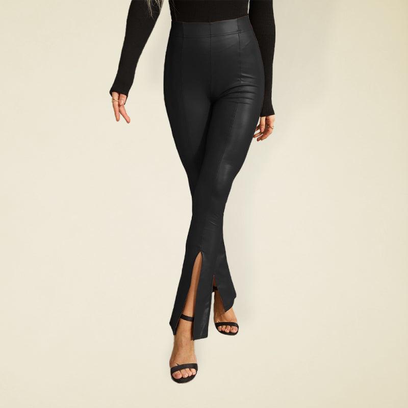 High Rise Faux Leather Pants With Slits - Your Shiny Clothes
