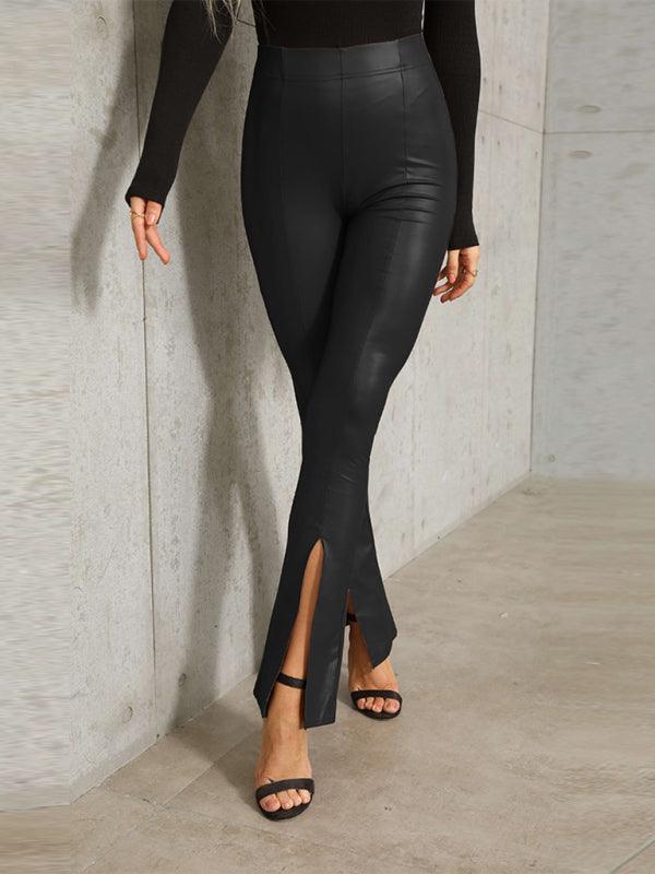 High Rise Faux Leather Pants With Slits - Your Shiny Clothes