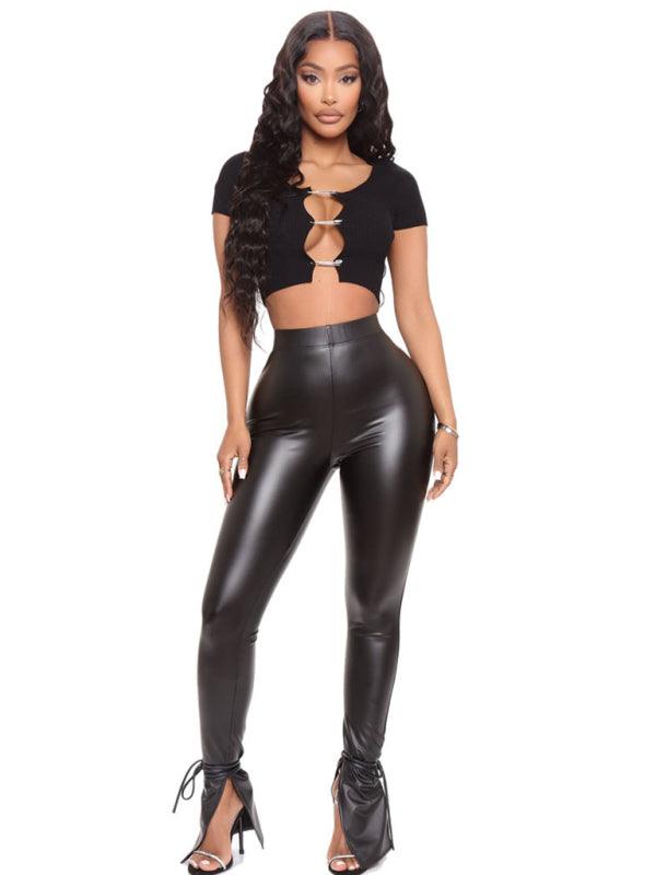 Vegan Leather Pants With Adjustable Suspender Straps And Slit - Your Shiny Clothes