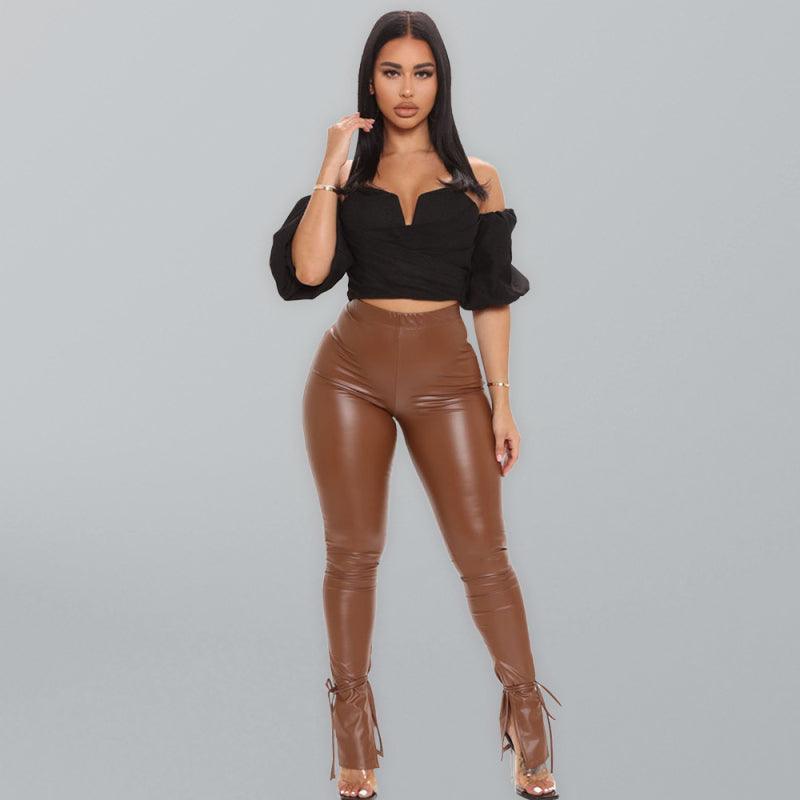 Vegan Leather Pants With Adjustable Suspender Straps And Slit - Your Shiny Clothes