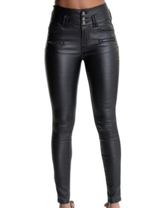 Faux Leather Exposed Button High Rise Skinny Pants - Your Shiny Clothes