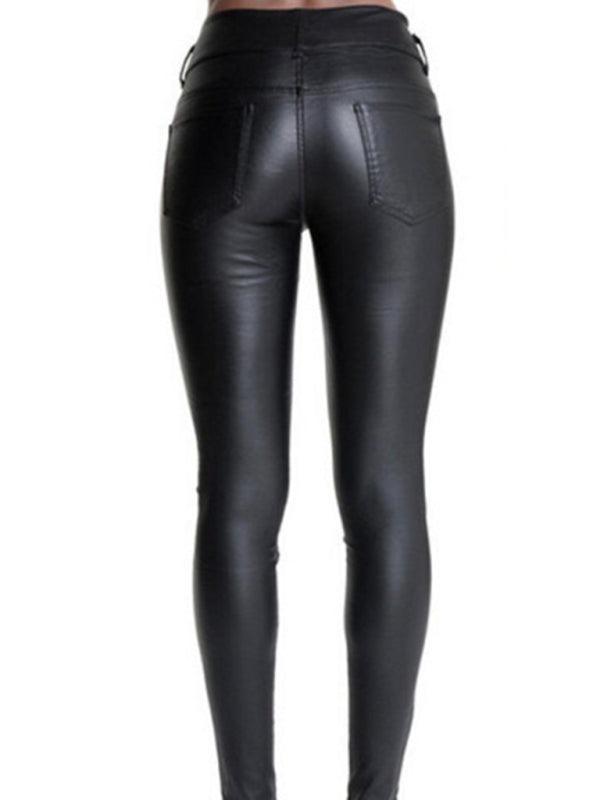Faux Leather Exposed Button High Rise Skinny Pants - Your Shiny Clothes