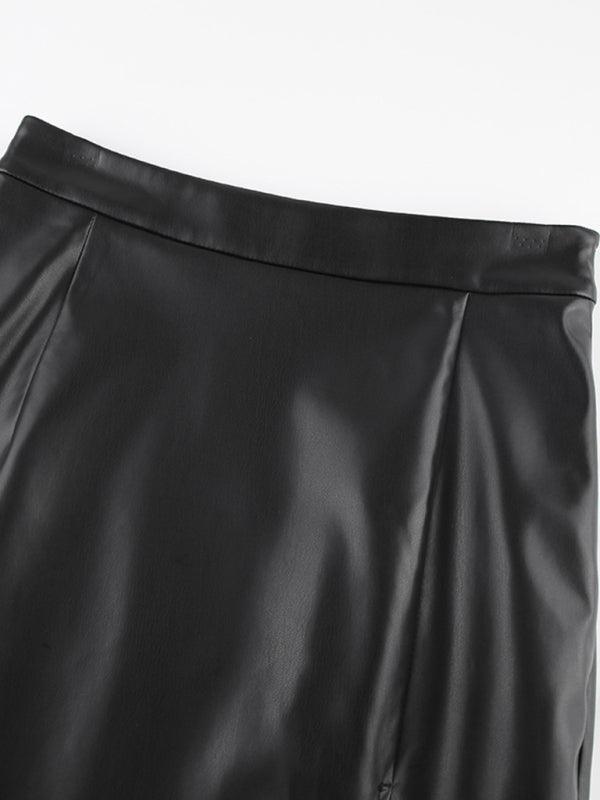 Solid Color Front Slit Faux Leather Midi Pencil Skirt - Your Shiny Clothes