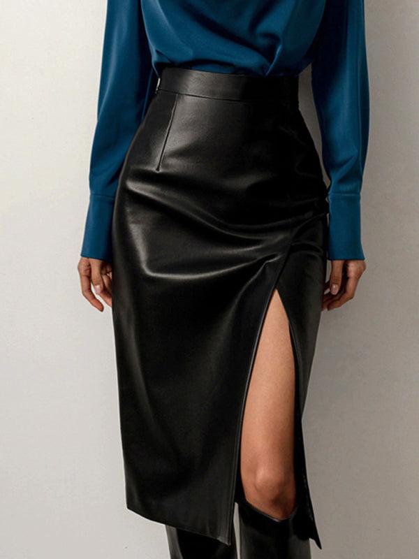 Solid Color Front Slit Faux Leather Midi Pencil Skirt - Your Shiny Clothes