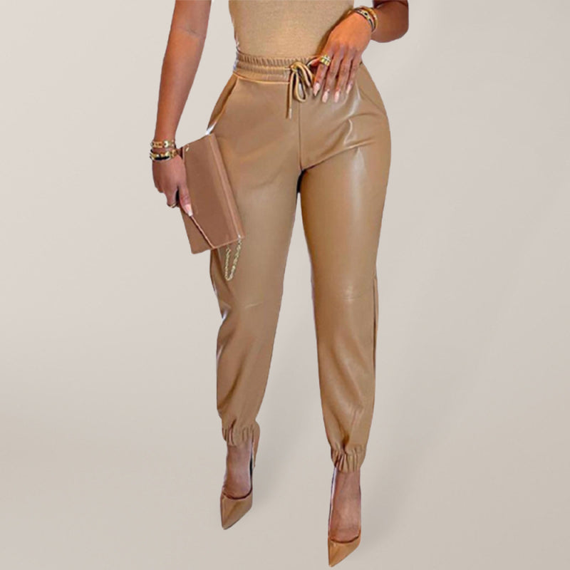 Women's Solid Color Faux Leather Drawstring Pants - Your Shiny Clothes
