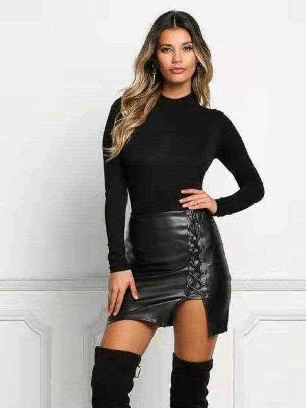 Kakaclo Lace Up Faux Leather Skirt for Stylish Looks - Your Shiny Clothes