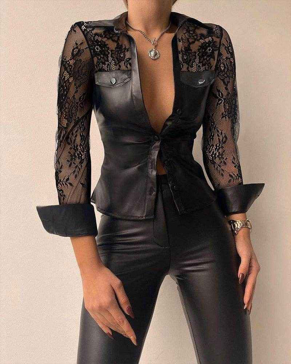 Laced Sleeve Vegan Leather Blouse