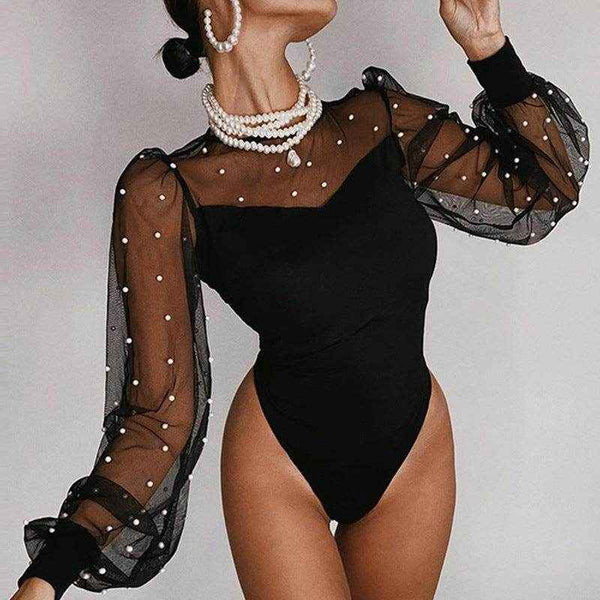 Mesh Long Sleeve Bodysuit with Pearl Accents