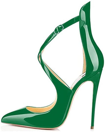 YSC green patent leather high heel pumps with stylish crisscross straps and pointed toe design