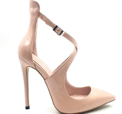 YSC patent leather high heel pumps in nude with cross strap and pointed toe design
