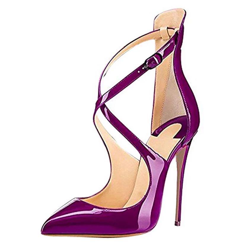 Purple YSC patent leather high heel pumps with crisscross straps and pointed toe design