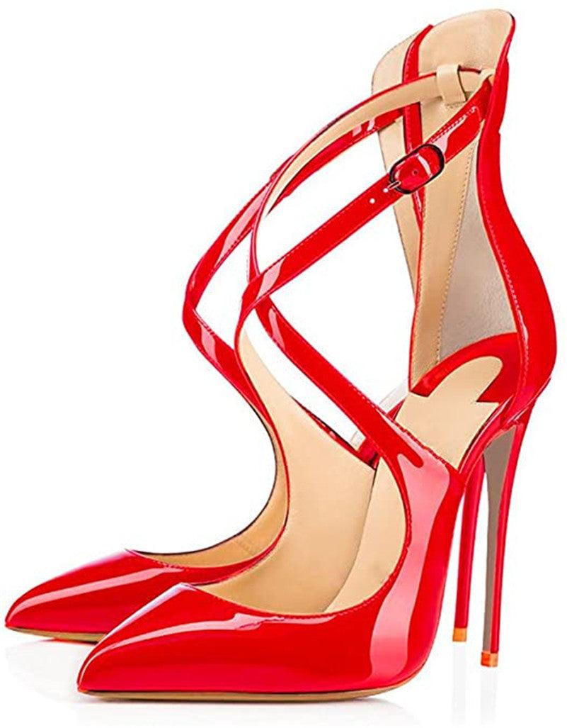 YSC red patent leather high heel pumps with stylish crisscross straps and pointed toes