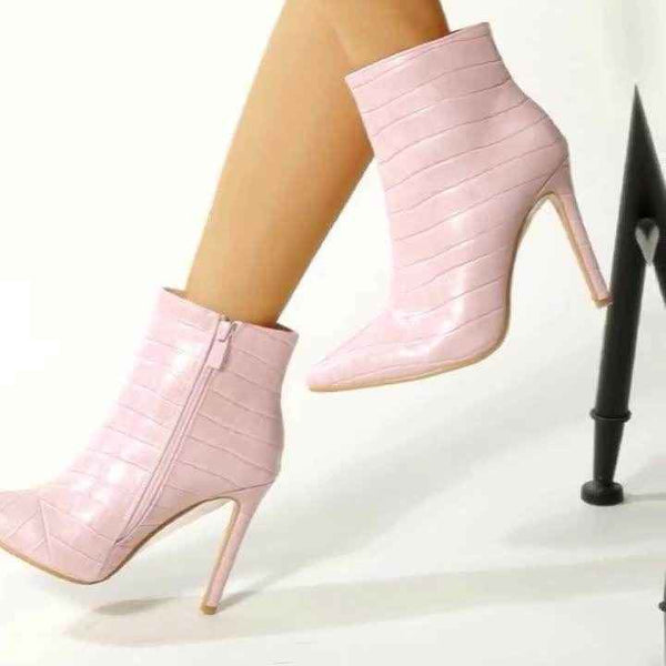 YSC Pointed Toe Ankle Boots in Pink Crocodile Print