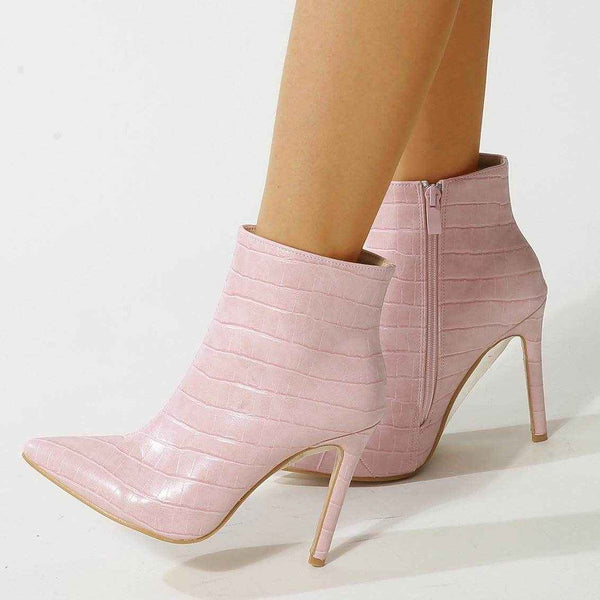 YSC Pointed Toe Ankle Boots in Pink Crocodile Print