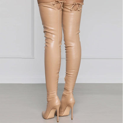 YSC PU leather over the knee boots in beige with stylish high heels and adjustable ties