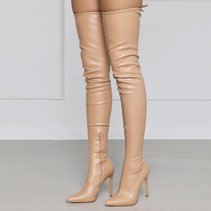 YSC PU leather over the knee boots in beige with sleek design and high stiletto heels