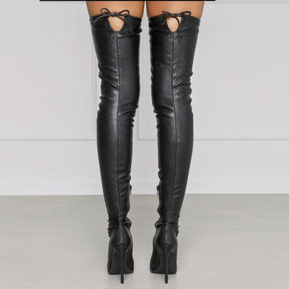 YSC PU leather over the knee boots with lace detail and high heels for a stylish look