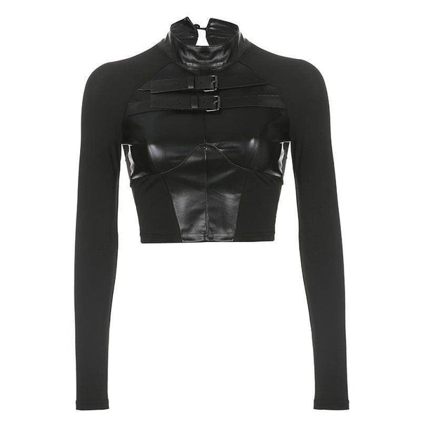 PVC Leather Cropped Top with Long Sleeves - Your Shiny Clothes
