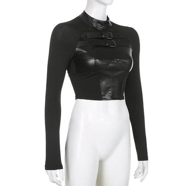 PVC Leather Cropped Top with Long Sleeves - Your Shiny Clothes
