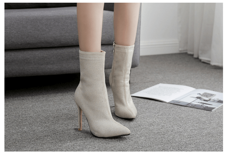 YSC Rhinestone ankle boots in beige with a sleek design and high stiletto heel for stylish looks