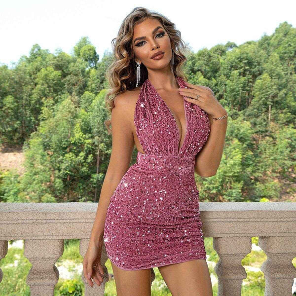 Sequined Backless Hip Dress - Glamorous Evening Style