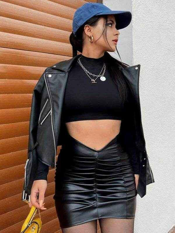 Vegan Leather Low Waist Ruched Skirt - Your Shiny Clothes