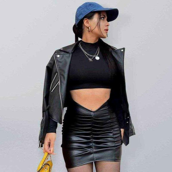 Vegan Leather Low Waist Ruched Skirt - Your Shiny Clothes
