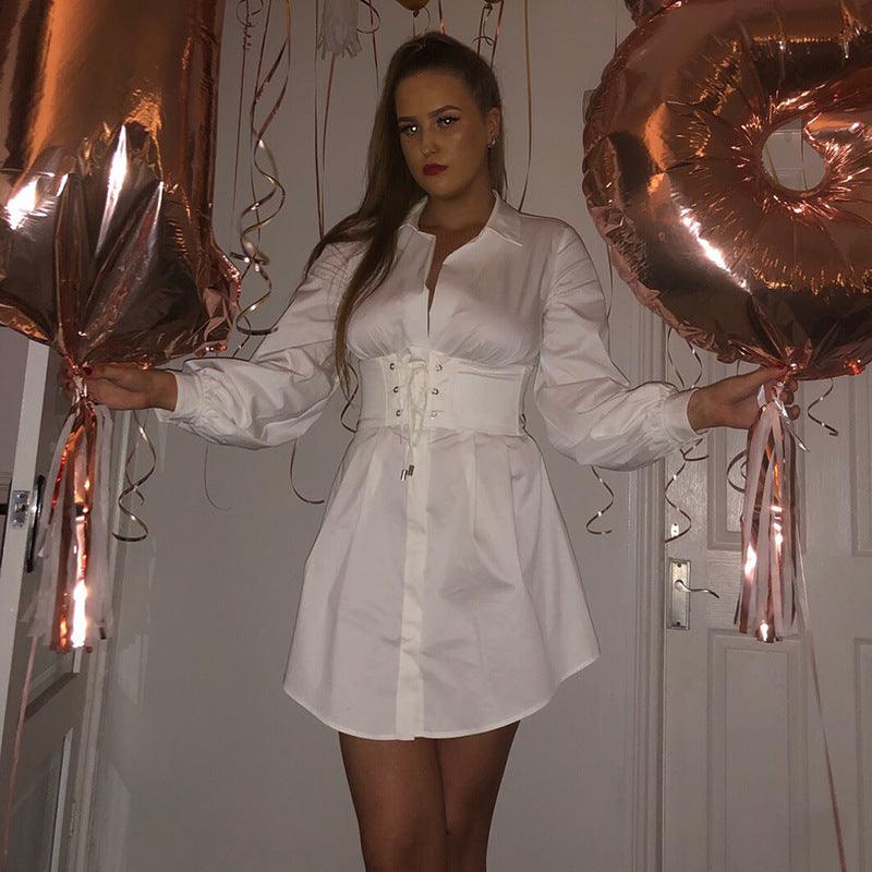 Elegant lace-up shirt dress in white with puff sleeves, perfect for celebrations and parties
