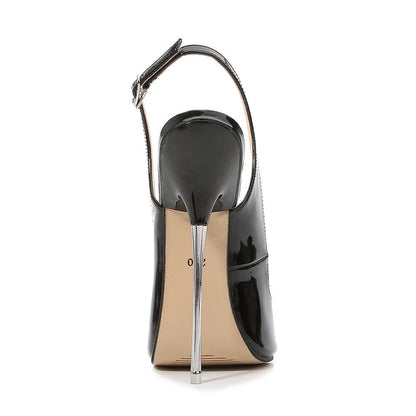 Stylish patent leather 16 cm high heel sandals with a sleek design and adjustable strap