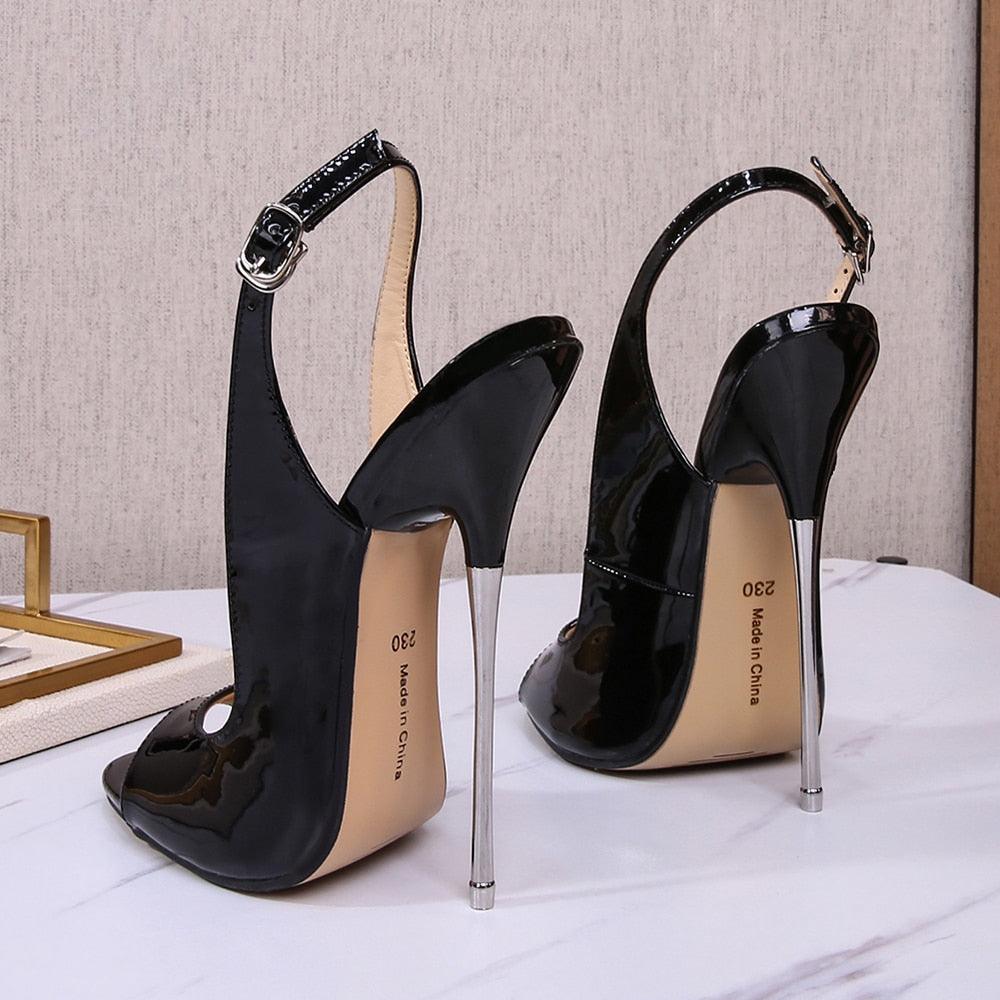 Stylish patent leather 16 cm high heel sandals with open toe and ankle strap design