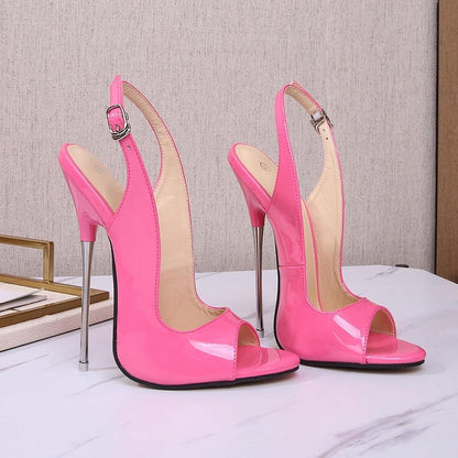 Pink patent leather 16 cm high heel sandals with open toe and slingback design for stylish outfits